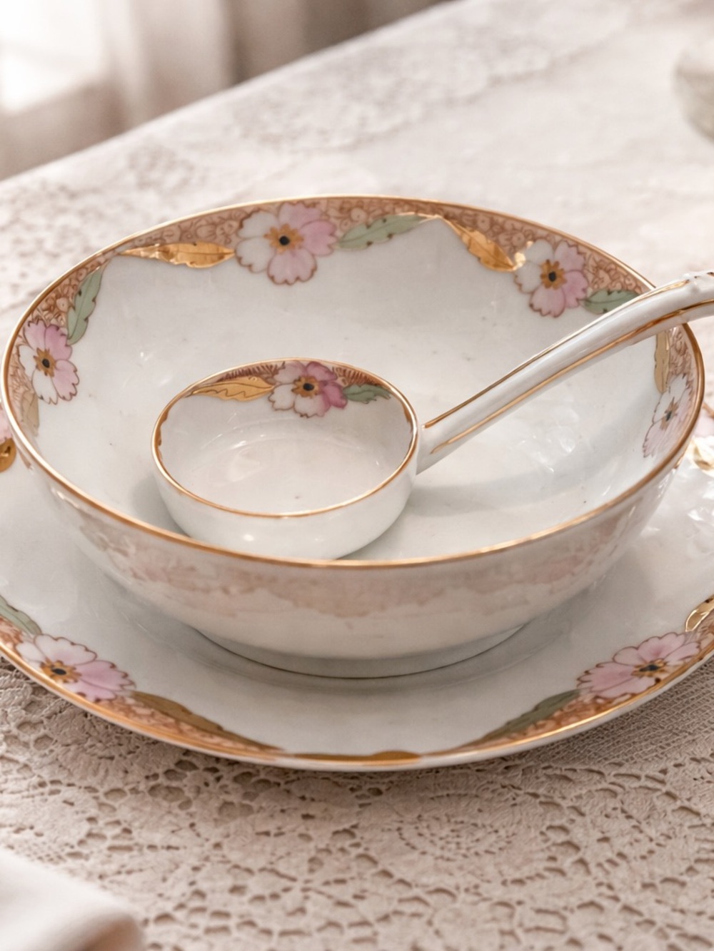 Antique Hand Painted Nippon Mayonnaise Bowl Set & Ladle Floral Gold Trim